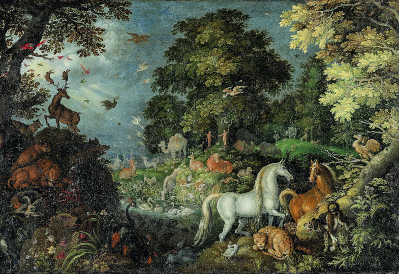 Das Gemälde zeigt üppige Landschaft mit vielen Tieren und dem ersten Menschenpaar im Hintergrund.