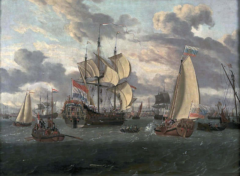 Liegt sie gut? Im Hafen von Amsterdam besichtigt Peter (auf dem kleinen Segelschiff rechts) die Fregatte „Peter und Paul“ (links), die er mitgebaut hat