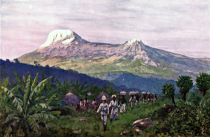 Deutsche Kolonialisten zu Füßen des ­Kilimandscharo. ­Ein­heimische tragen das Gepäck. Brockhaus-Illustration von 1911