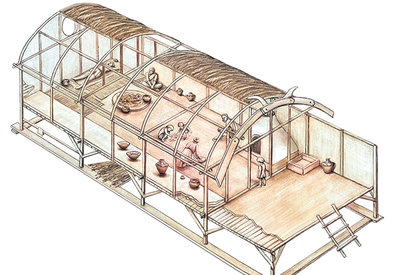 Illustration von einer Nachbildung eines typischen Trypillia–Wohnhauses.