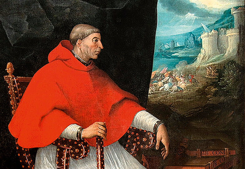 Das Gemälde zeigt den sitzenden Kardinal, wie er nach rechts schaut auf eine Schlacht