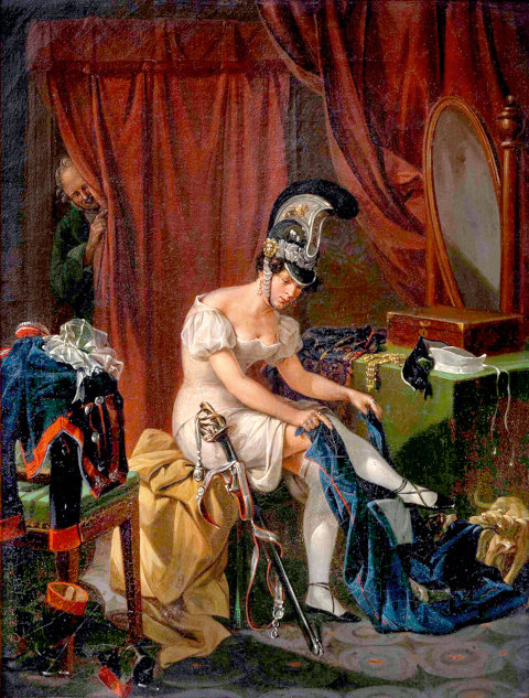 Das Gemälde zeigt Ludwig I., der heimlich beobachtet, wie sich seine Geliebte Lola Montez entkleidet.