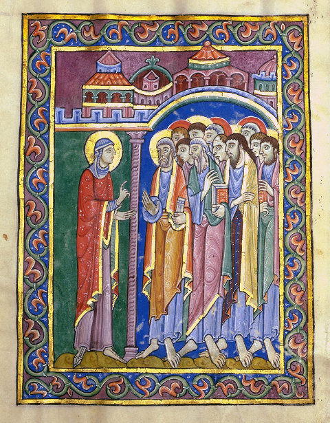 Handschriftenillustation: Maria Magdalena berichtet den Aposteln von der Auferstehung