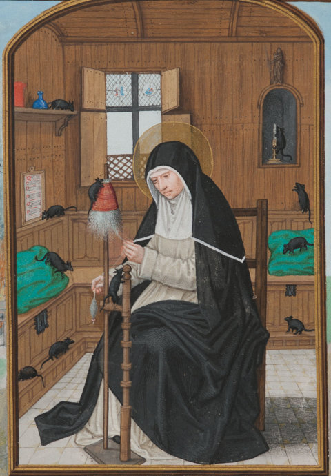 Gertrud von Nivelles am Spinnrad, von Mäusen umgeben