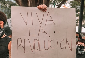 Auf einem Schild steht  "Viva la Revolucion"