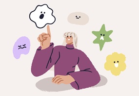 Eine Illustration zeigt eine Frau, die auf eine Wolke mit Emotionen zeigt, während um sie herum weitere Gefühlswolken zu sehen sind.