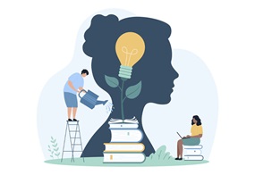 Eine Illustration zeigt den Umriss eines Kopfes, in dem eine Pflanze mit Glühbirne auf einem Bücherstapel wächst, während eine Figur am Laptop sitzt und eine andere auf einer Leiter die Pflanze gießt.