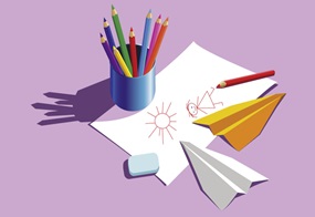 Eine Illustration mit Papierfliegern, einem Becher mit Stiften und einem Blatt, auf dem ein Strichmännchen mit Sonne gezeichnet ist.