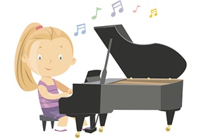 Eine bunte Zeichnung von einem Kind, dass an einem Flügel musiziert.