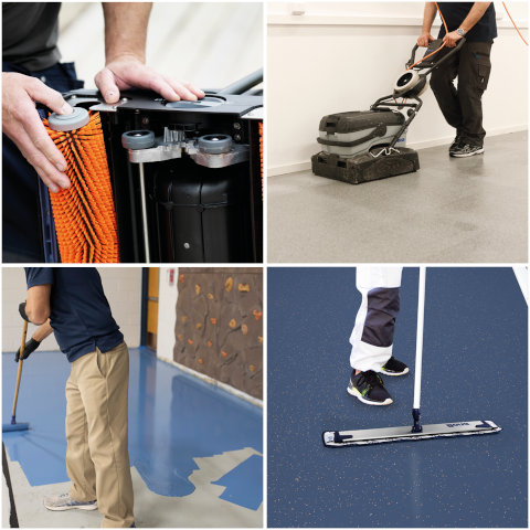 Ein viergeteiltes Bild. Oben links setzte jemand ein Gerät zusammen, oben rechts wird ein Boden poliert, unten links wird ein Boden gestrichen und unten rechts wird ein Boden gewischt.