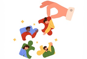 Vier Puzzleteile mit unterschiedlichen Personen und eine Hand greift nach einem der Puzzleteile.