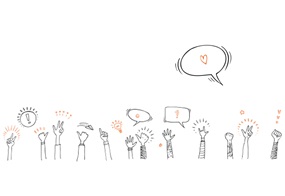 Eine Illustration mit mehreren erhobenen Händen mit unterschiedlichen Gesten sowie verschiedene Symbole wie Sprechblasen, Ausrufezeichen, Herzen und eine Glühbirne.