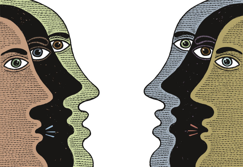 Eine Illustration von je drei unterschiedlich farbigen Köpfen im Profil auf der linken und rechten Seite, mit verschiedenen Augenfarben, einander zugewandt.