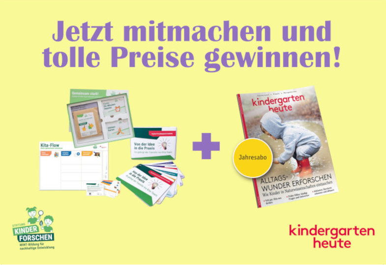 Banner mit den Preise des Gewinnspiels von Stiftung Kinder forschen und kindergarten heute.
