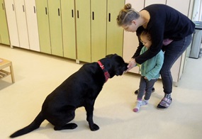 Der Therapiehund Karl, ein schwarzer Labrador, schnüffelt an den Händen eines Kindes und einer erwachsenen Person.