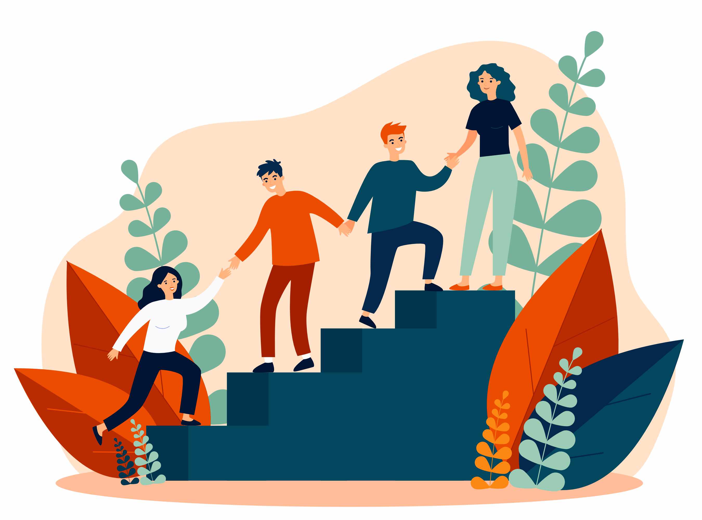 Eine bunte Illustration zeigt vier Menschen, die sich gegenseitig unterstützen, eine große Treppe hinaufzusteigen.