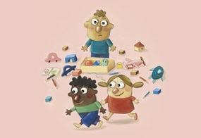 Eine Illustration mit zwei Kinder, die glücklich spielen, während ein weiteres Kind etwas abseits steht, umgeben von vielen Spielzeugen.