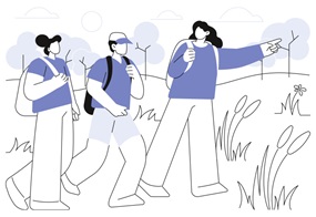 Eine Illustration zeigt drei Personen mit Rucksäcken, die hintereinander laufen, während die vorderste Person mit einer Hand den Weg weist.