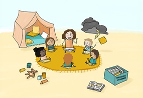 Eine Illustration zeigt fünf Kinder und eine erwachsene Person, die im Kreis zusammensitzen; eines der Kinder wirkt unglücklich und hat eine Gewitterwolke über sich, während rundherum Spielsachen und eine Bücherkiste mit der Aufschrift „Psychische Gesundheit“ liegen.