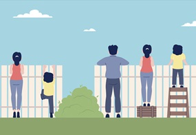 Eine Illustration zeigt verschiedene Menschen, klein und groß, die mit unterschiedlichen Hilfsmitteln wie einer Leiter, einer Kiste oder ohne Hilfsmittel über den Zaun schauen.