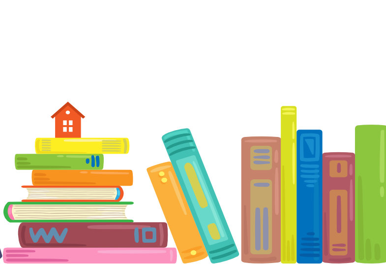 Illustrationen von verschieden Büchern. Links im Bild gestapelt und rechts in verschieden Farben aneinander gereiht 