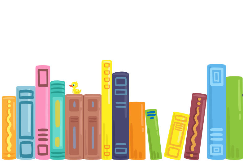Verschiedenfarbige Bücher sind aufgestapelt, auf einem Buch sitzt eine kleine gelbe Ente.