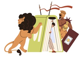 Eine Illustration zeigt einen Menschen, der sich unter einem umgedreht aufgestellten Buch versteckt, während sich daneben ein Löwe und Krieger befinden.