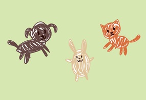 Ein gemaltes Bild zeigt einen Hund, einen Hasen und eine Katze vor grünem Hintergrund.