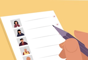 Eine Illustration zeigt eine Personalliste, am Rand ist eine Hand mit einem Stift zu sehen.
