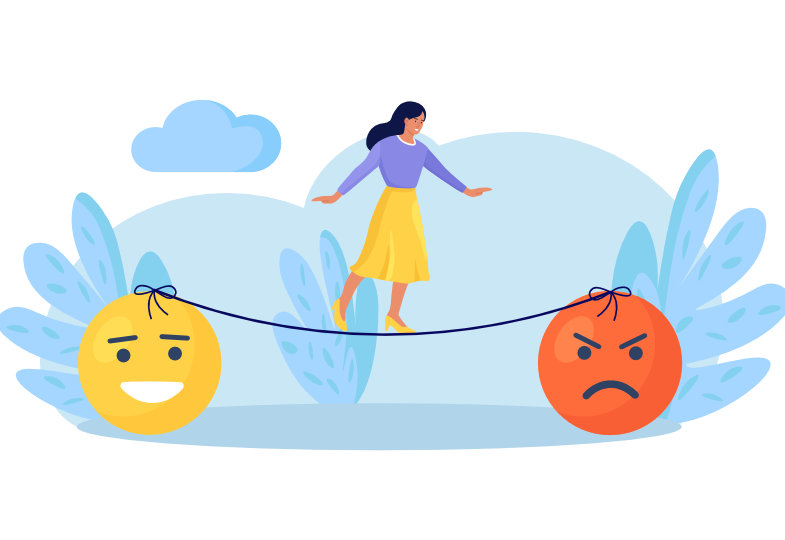 Illustration einer Frau, die auf einem Hochseil zwischen einem lachenden und  einem verärgerten Emoji balanciert