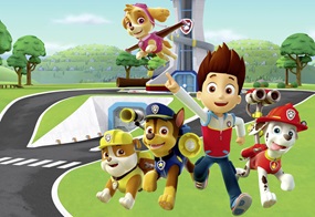 Ein Bild von Paw Patrol, auf dem ein Junge und seine Rettungshunde freudig nach vorne rennen.