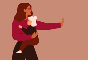 Grafik einer Frau trägt ein Kind auf dem Arm, die andere Hand  streckt sie abwehrend von sich.