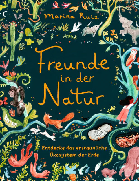 Titelbild des Buchs: Freunde in der Natur. Blauer Hintergrund mit verschieden bunten Pflanzen illustriert und um die den Titel des Buchs herum angeordnet. 