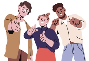 Drei freundlich wirkende, gezeichnete Personen stehen nebeneinander, lächeln und zeigen mit Daumen hoch und ausgestrecktem Finger zustimmend nach vorne.