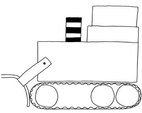 Skizze eines Baggers aus Papprollen.