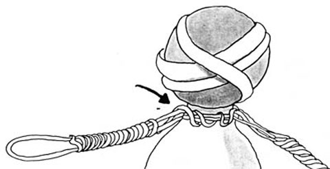 Zeichnung, wie man eine Kugel mit Schnur auf einem Flaschenhals befestigt.