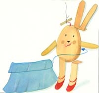 Illustration eines braunen Eis, mit Armen, Ohren und Beinen aus Pappe, und einen blauen Rock daneben, mit einem Pfeil, der auf das Ei zeigt.