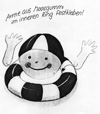 Zeichnung eines Schwimmrings, über dem ein rundes Gesicht schwebt, daneben Arme. Darüber steht "Arme aus Moosgummi im inneren Ring festkleben"