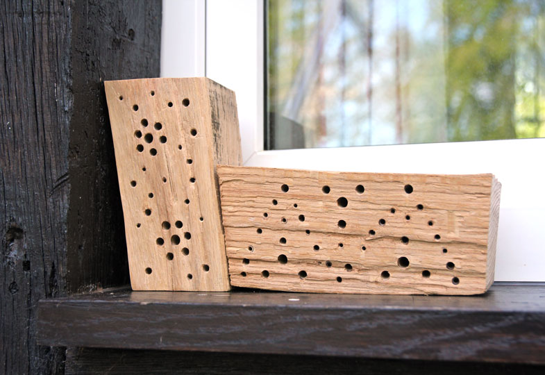 Nisthilfen für Wildbienen lassen sich ganz leicht aus Holzklötzen herstellen.