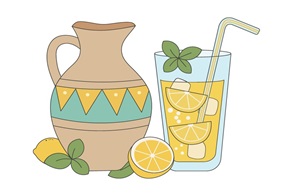 Eine Illustration eines Krugs und eines Glases mit Zitronenlimonade.