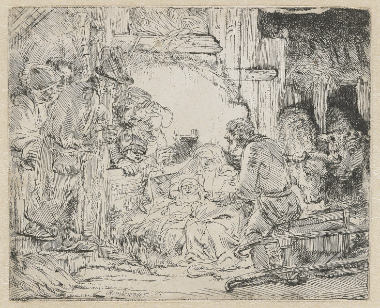 Rembrandt Harmensz van Rijn: Die Anbetung der Hirten mit der Lampe, um 1654, Radierung auf Bütten, 10,5 x 12,9 cm