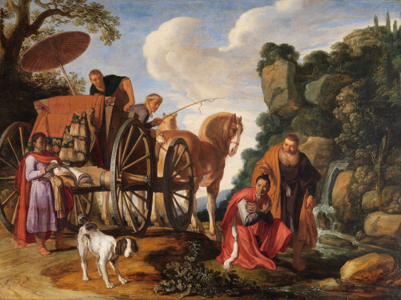 Pieter Lastman: „Die Taufe des äthiopischen Kämmerers durch den Apostel Philippus“, 1623, Öl auf Eichenholz, 85 × 115 cm (Staatliche Kunsthalle Karlsruhe, Inventarnummer 772).