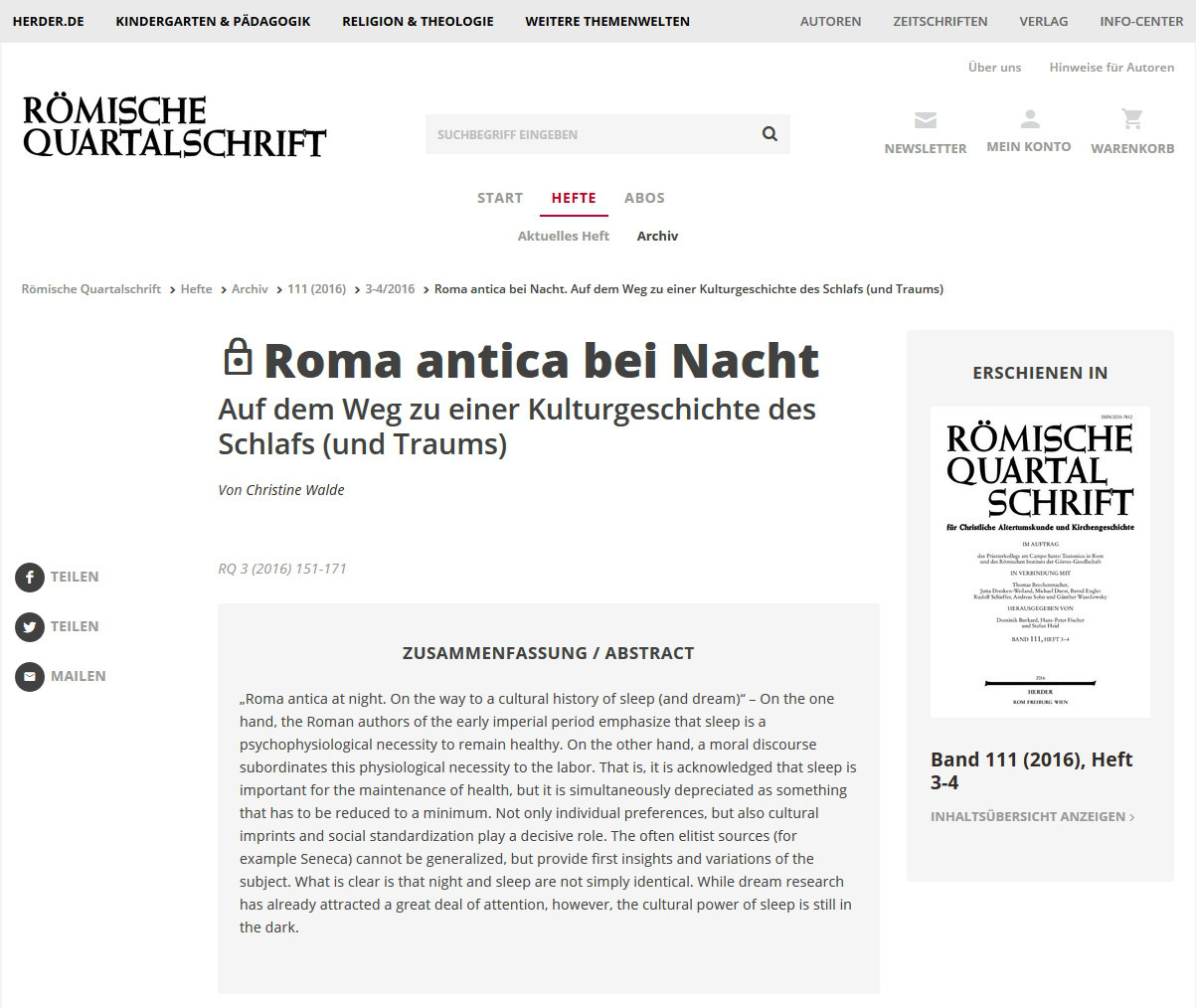 Römische Quartalschrift online: Abonnement