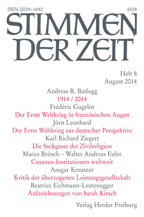 Titelseite Stimmen der Zeit. Die Zeitschrift für christliche Kultur 139 (2014) Heft 8