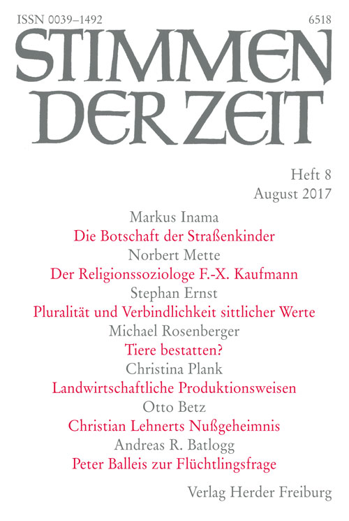 Titelseite Stimmen der Zeit. Die Zeitschrift für christliche Kultur 142 (2017) Heft 8