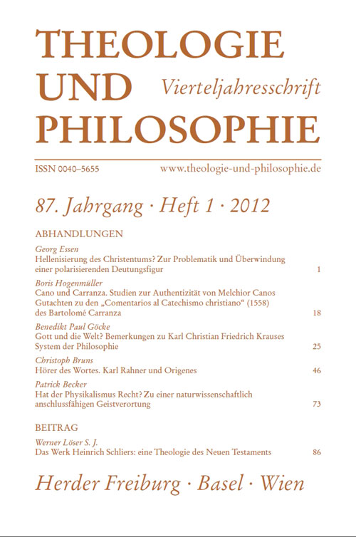 Titelseite Theologie und Philosophie. Vierteljahresschrift 87 (2012) Heft 1