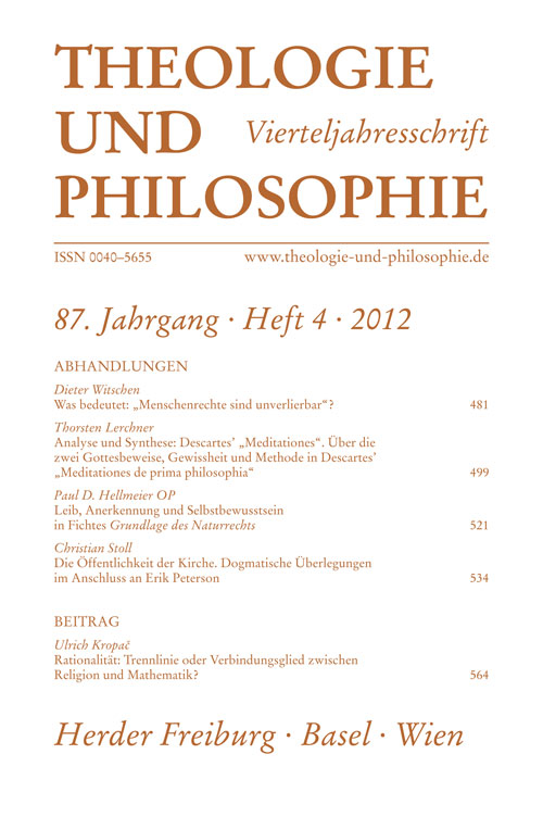 Titelseite Theologie und Philosophie. Vierteljahresschrift 87 (2012) Heft 4