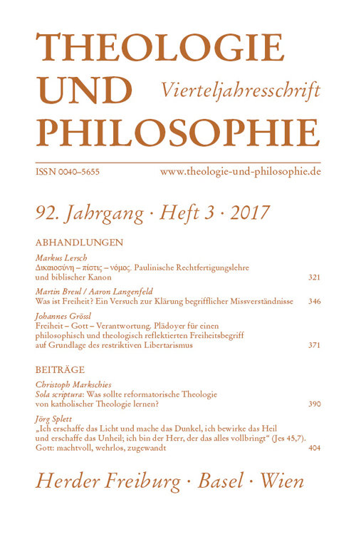 Titelseite Theologie und Philosophie. Vierteljahresschrift 92 (2017) Heft 3
