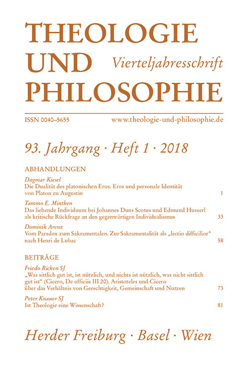 Titelseite Theologie und Philosophie. Vierteljahresschrift 93 (2018) Heft 1