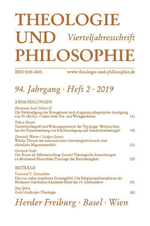 Titelseite Theologie und Philosophie. Vierteljahresschrift 94 (2019) Heft 2